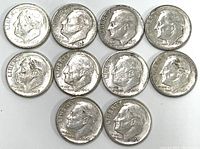 Obverse view showing the profile of Franklin D. Roosevelt on 10 silver dimes.