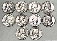 Obverse side of 10 U.S. Washington quarters showing George Washington's profile and dates from 1937 to 1962.