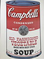 Close-up of the Campbell's Old Fashioned Vegetable Soup can print showing art details and colors.