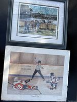 Framed outdoor youth hockey scene with kids by a wooden fence, titled 'Last game of summer,' measured 11x13 inches with slight water damage on left side