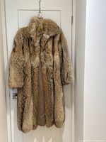 Front view of long raccoon fur coat on hanger, showing full length and fur texture.