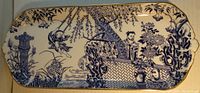 Top view of rectangular ceramic tray with detailed blue and white Asian Mikado design depicting figures and landscape