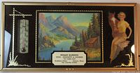 Full view of vintage Roman Gardens thermometer with framed scenic artwork and pin-up figure