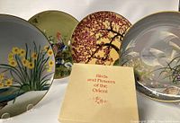 Four decorative collector's plates arranged upright with informational booklet titled 'Birds and Flowers of the Orient'. Plates show various bird and floral designs in different colors.