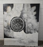 Front view of three-panel folding screen showing full abstract medallion artwork