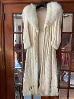 Front view of coat hanging on wooden door, showing white fox collar and full length