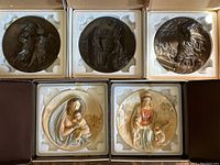 Five Bradford Exchange Treasures of the Dore Bible limited edition plates in original foam and boxes, three with bronze finish and two in ivory tone.