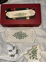 Lenox Holiday Tidbit Tray in original box with two small Christmas tree dishes placed below it