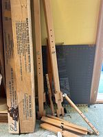 Maple quilting frame pieces with original box for stand and extension kit, showing adjustable wood frame components.