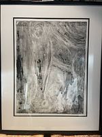 Full view of framed abstract black and white print with double matting and black frame, showing overall condition.