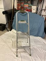 Front view of the 2-step aluminum ladder showing its steps, curved handle and rubber leg caps.