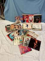 Photo showing a variety of vintage vinyl albums with intact sleeves, featuring artists such as Frank Sinatra, Ray Conniff, and Doris Day.
