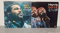 Photo of the front covers of two Marvin Gaye vinyl LP albums: 'What's Going On' and 'Marvin Gaye Live'.
