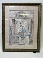 Front view of the framed Roman architectural and rose motif art print showing intricate design and pastel colors.