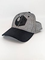 Front view of fitted Star Wars hat with black embroidered Rebel Alliance and Galactic Empire logos on grey fabric and black brim.