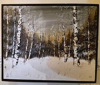 Oil painting showing a winter forest scene with birch trees and snow on the ground, painted in oil with a textured style and muted color palette.