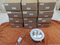 12 cardboard boxes containing 15W Cobb gimbaled LED pot lights shown with one pot light and its driver outside for display.