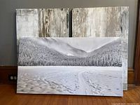 Large black and white snowy mountain landscape canvas leaning against wall in front of two other canvases.