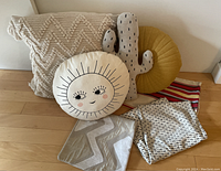 View of all pillows and covers together on floor, showing various designs.
