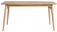 Front view of the assembled Walker Edison dining table showing tapered round wooden legs and rectangular wood grain tabletop with smooth rounded edges.