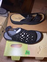 Pair of Naot black velvet nubuck Amadora sandals on a shoebox.