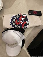 Canvas tote bag with Raptors logo, white '2019 Champions' hat, and black iPhone case with red Raptors logo on floor.