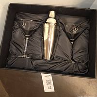 Top-down view of martini set showing the stainless steel shaker engraved with the Toronto Raptors logo centered between two clear martini glasses etched with the same Raptors claw logo, all set in black satin lining inside a black gift box.