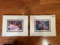Photo of two framed prints of underwater fish scenes on a wooden surface