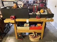 Workbench overview with boxes of decorations