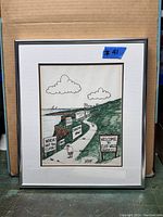 Framed original signed watercolor painting by Don Bousquet showing Cliff Walk scene with humorous caution signs