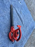 Red and black Black & Decker electric leaf blower on a blue quilted blanket outdoors, showing full length and nozzle.