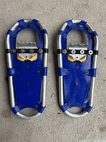 Front view of two blue and metal framed kid-sized snowshoes showing metal teeth for traction and plastic decking.