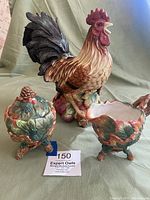 Full set of Fitz & Floyd ceramic rooster, creamer, sugar bowl with leaf decoration