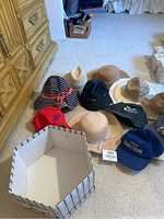 Overview of the assortment of hats and caps laid on carpeted floor, showing fishing hats, sun hats, striped bucket hats, and the striped hat box.