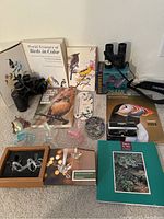 Full view of all items including books, binoculars, decorative glass birds, and boxed crystal hummingbird ornaments.