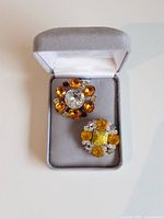 Buttons in grey presentation box, showing rhinestone colors and cluster design