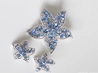 Front view of brooch and earrings showing blue rhinestones