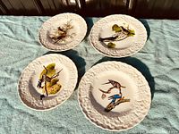 Four Alfred Meakin porcelain plates with embossed floral rims and Audubon bird designs arranged on light blue cloth