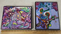 Two framed oil on canvas abstract paintings by Olaf Krassnitzky, colorful with flowing organic shapes and patterns, approx 11x9 inches