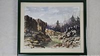 Full view of framed watercolour painting depicting quarry landscape