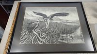 Full framed artwork showing two ospreys in a nest with forest and mountain background with a measuring ruler along the side confirming size.