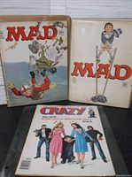Three vintage magazines displayed: two Mad Magazines from 1966 and one Crazy Magazine from 1977, showing front covers.