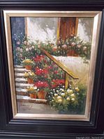 Close-up image of the floral oil on canvas painting showing detailed flowers, stairs, and railing composition.