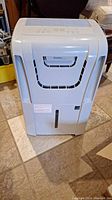 Front view of white Danby DDR60RGDD dehumidifier showing front vent, water level window, and control panel on top.