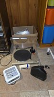 Overall photo of Pioneer PL-2 turntable, Ultech clock radio, Vac-O-Rec record cleaner, and LP sleeves box