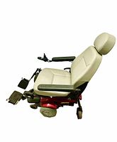 Front and side view of Jazzy Select GT power wheelchair showing beige cushioned seat, joystick on right armrest, red chassis and footrest.