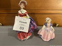 Both Royal Doulton figurines Lady April and Dinky D. shown side by side with height noted.