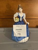 Front view of Royal Doulton 'Helen' figurine showing facial features, dress, and basket of flowers.