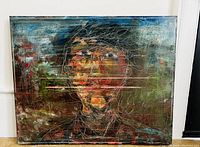 Front view of the acrylic painting showing abstract portrait with mixed colors and white line details.