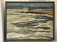 Full view of the framed painting showing the frozen Ottawa River scene with a red-roofed building and distant treeline.
